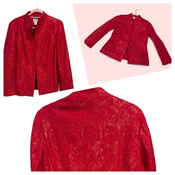 Chicos Jacket Womens 1 US Medium Red Blazer Jacquard Hook Eye Career Ladies - Picture 1 of 12